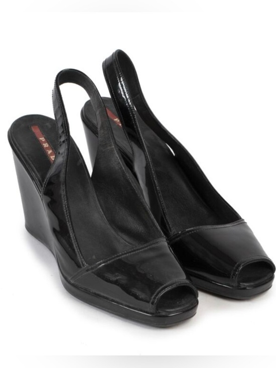 Prada Shoes - Prada Black Patent Slingback Peep-Toe Wedge Pumps